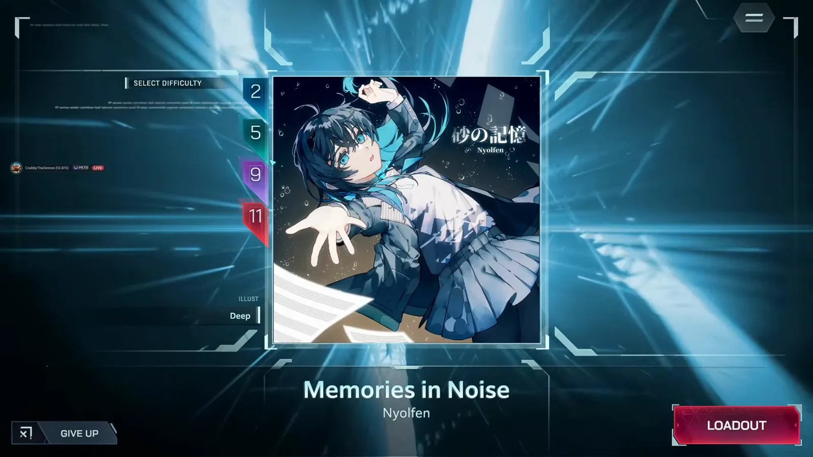 In Falsus song select screen for Memories in Noise by Nyolfen appearing after May’s first studio dive In Falsus song select screen for Memories in Noise by Nyolfen appearing after May’s first studio dive