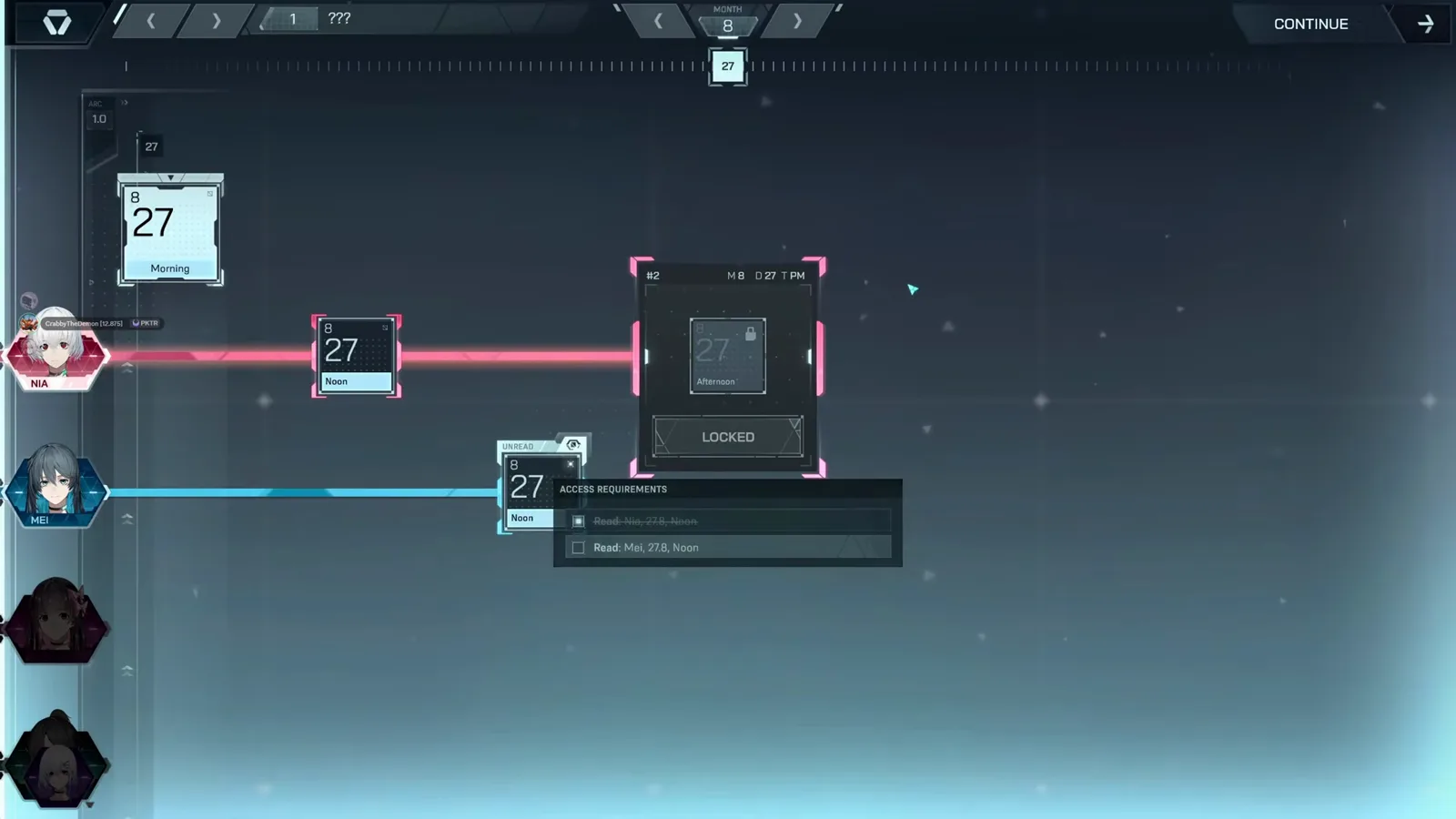 In Falsus Scenario Timeline showing Nia and Mei rows with date entries and the access requirements for the next locked scene In Falsus Scenario Timeline showing Nia and Mei rows with date entries and the access requirements for the next locked scene