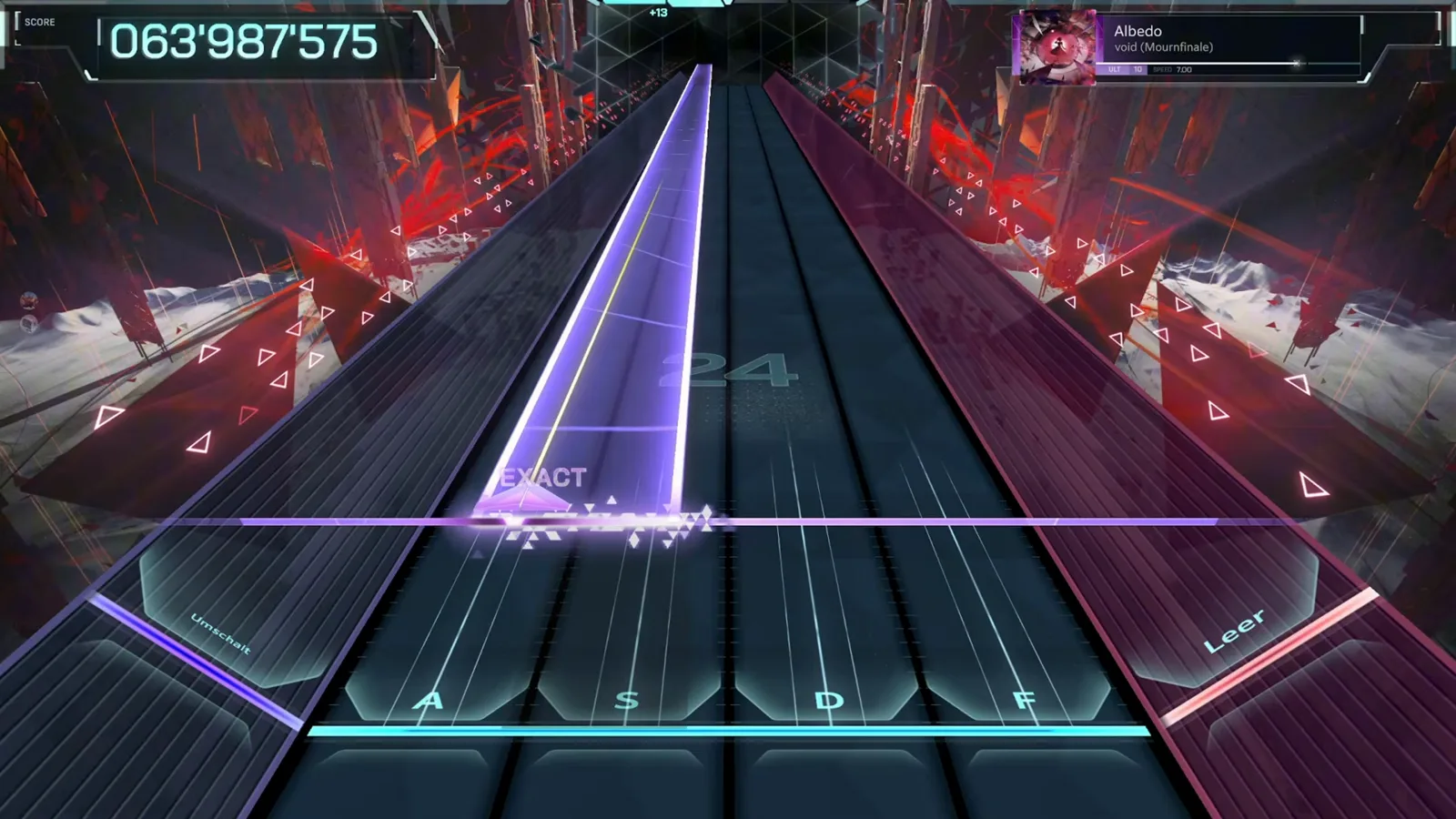 A single violet slab runs the length of lane S in In Falsus, banking chain 24 of the Albedo ULT 10 climax A single violet slab runs the length of lane S in In Falsus, banking chain 24 of the Albedo ULT 10 climax