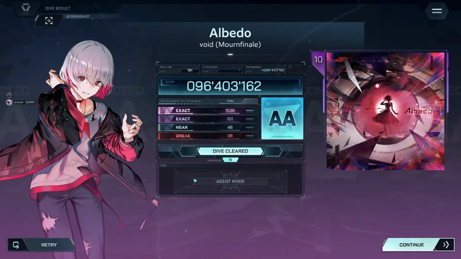 The In Falsus DIVE RESULT card totals Albedo ULT 10 at 1,723 notes — EXACT 1536 + 101, NEAR 48, BREAK 38, rank AA The In Falsus DIVE RESULT card totals Albedo ULT 10 at 1,723 notes — EXACT 1536 + 101, NEAR 48, BREAK 38, rank AA