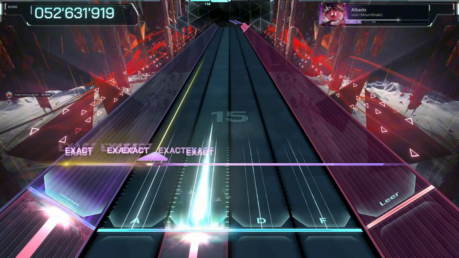 Four EXACT judgments light the full key line of Albedo ULT 10 in In Falsus while a cyan beam fires on D Four EXACT judgments light the full key line of Albedo ULT 10 in In Falsus while a cyan beam fires on D
