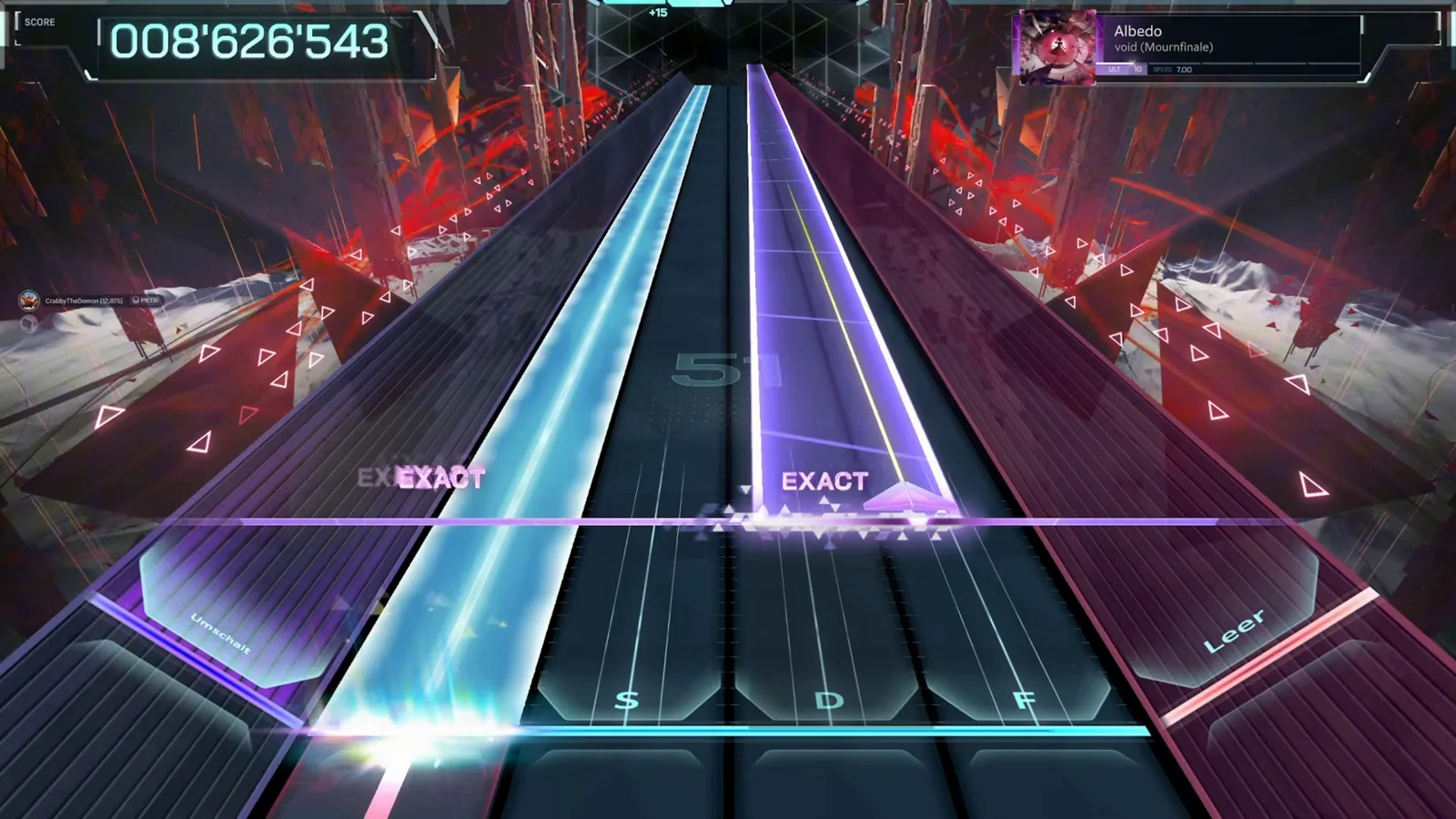 Twin cyan and violet fields stretch down the Albedo ULT 10 lanes in In Falsus as the chain reaches 51 Twin cyan and violet fields stretch down the Albedo ULT 10 lanes in In Falsus as the chain reaches 51