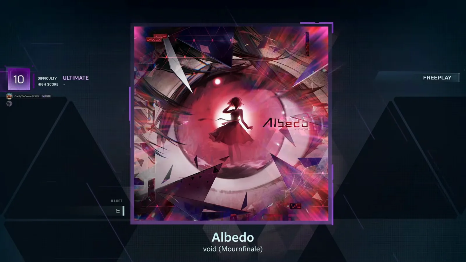 The pre-dive card locks Albedo at ULTIMATE 10 in In Falsus with HIGH SCORE blank for a first entry The pre-dive card locks Albedo at ULTIMATE 10 in In Falsus with HIGH SCORE blank for a first entry