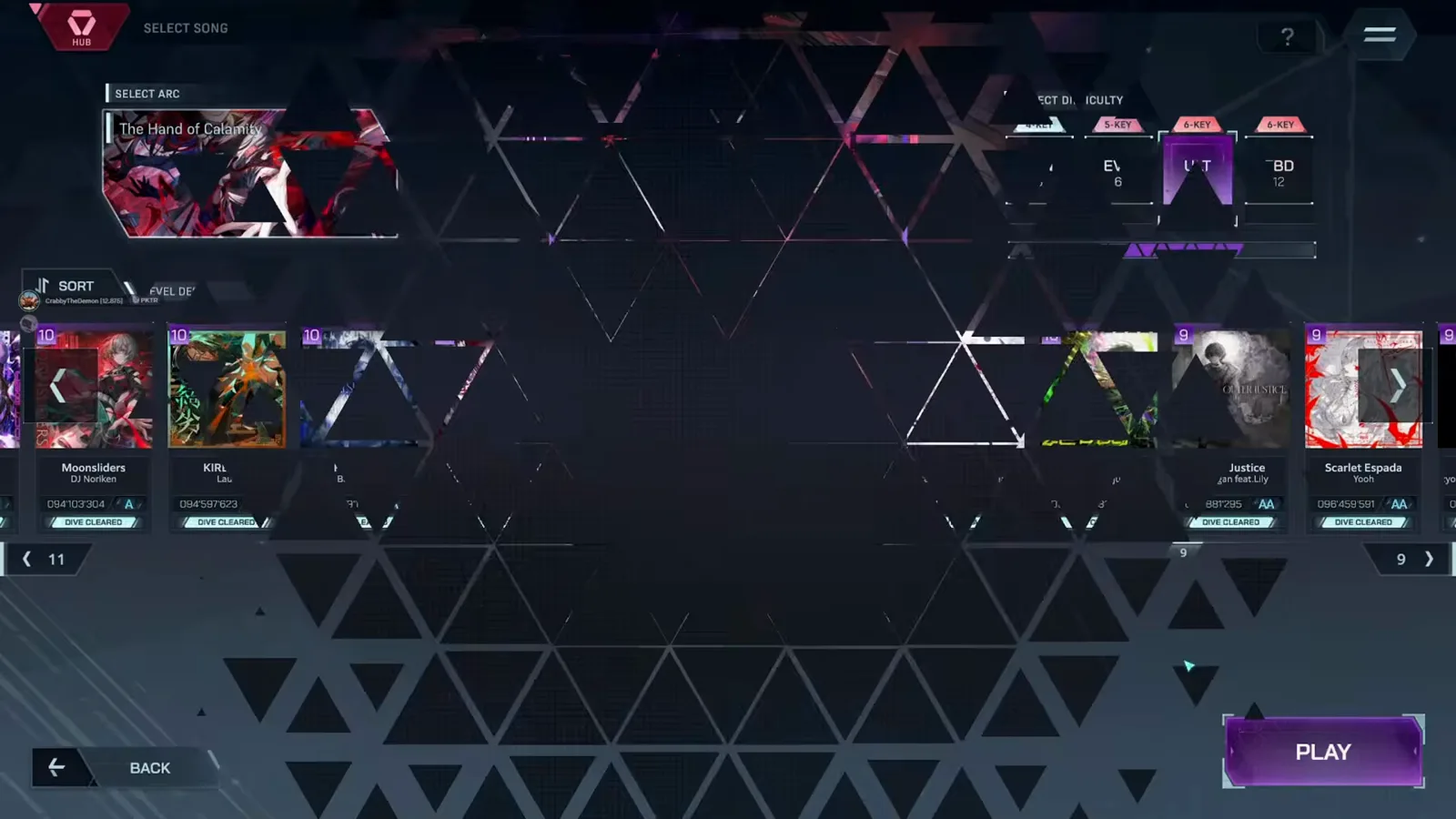In Falsus song select for Albedo with the difficulty columns reading EVO 6, ULT 10 and FBD 12 above PLAY In Falsus song select for Albedo with the difficulty columns reading EVO 6, ULT 10 and FBD 12 above PLAY