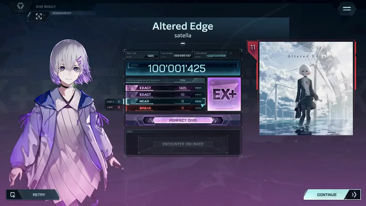 Altered Edge's settled card shows 100'001'425 at EX+ with EARLY 0 and LATE 0 beside MAX LINK 1435 and the red 11 badge