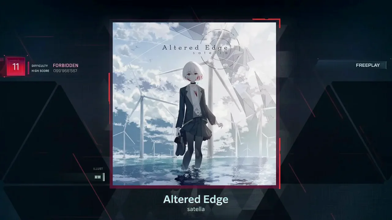 In Falsus song select pins Altered Edge by satella at FORBIDDEN 11 with the standing best of 099'966'567