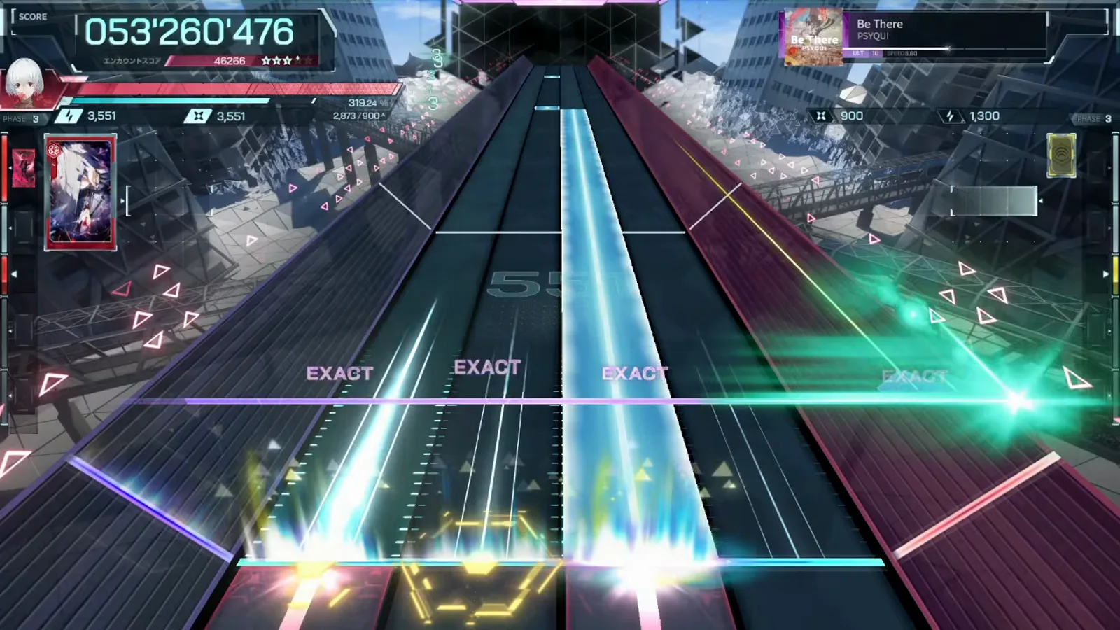 Full-width cyan beam down the center lanes at 053'260'476 — the In Falsus run holds the line for EXACTs