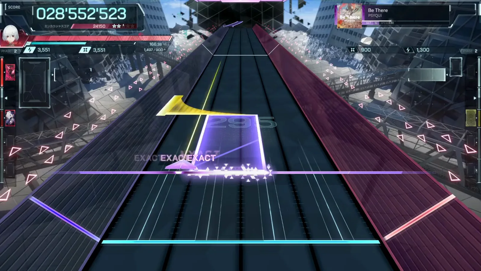A cursor-panel beat in In Falsus: arrow crosses a violet square for a triple EXACT at 028'552'523