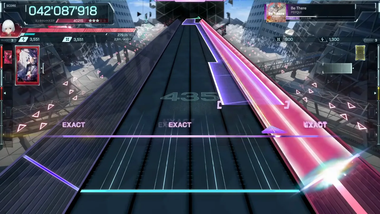 Wide magenta beam sweeps in from the right edge at note 435, three EXACTs at 042'087'918 in In Falsus