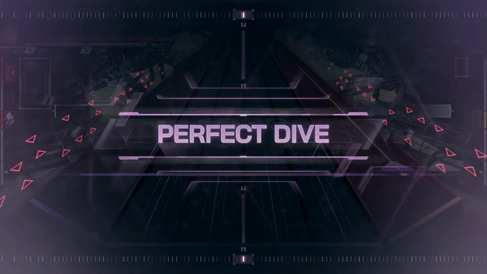 PERFECT DIVE banner over a darkened In Falsus field — zero NEAR, zero BREAK, score 100'001'012