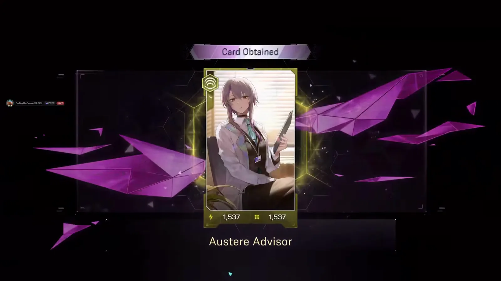 In Falsus Card Obtained screen for Austere Advisor showing 1,537 power and defense after a craft under Iris In Falsus Card Obtained screen for Austere Advisor showing 1,537 power and defense after a craft under Iris