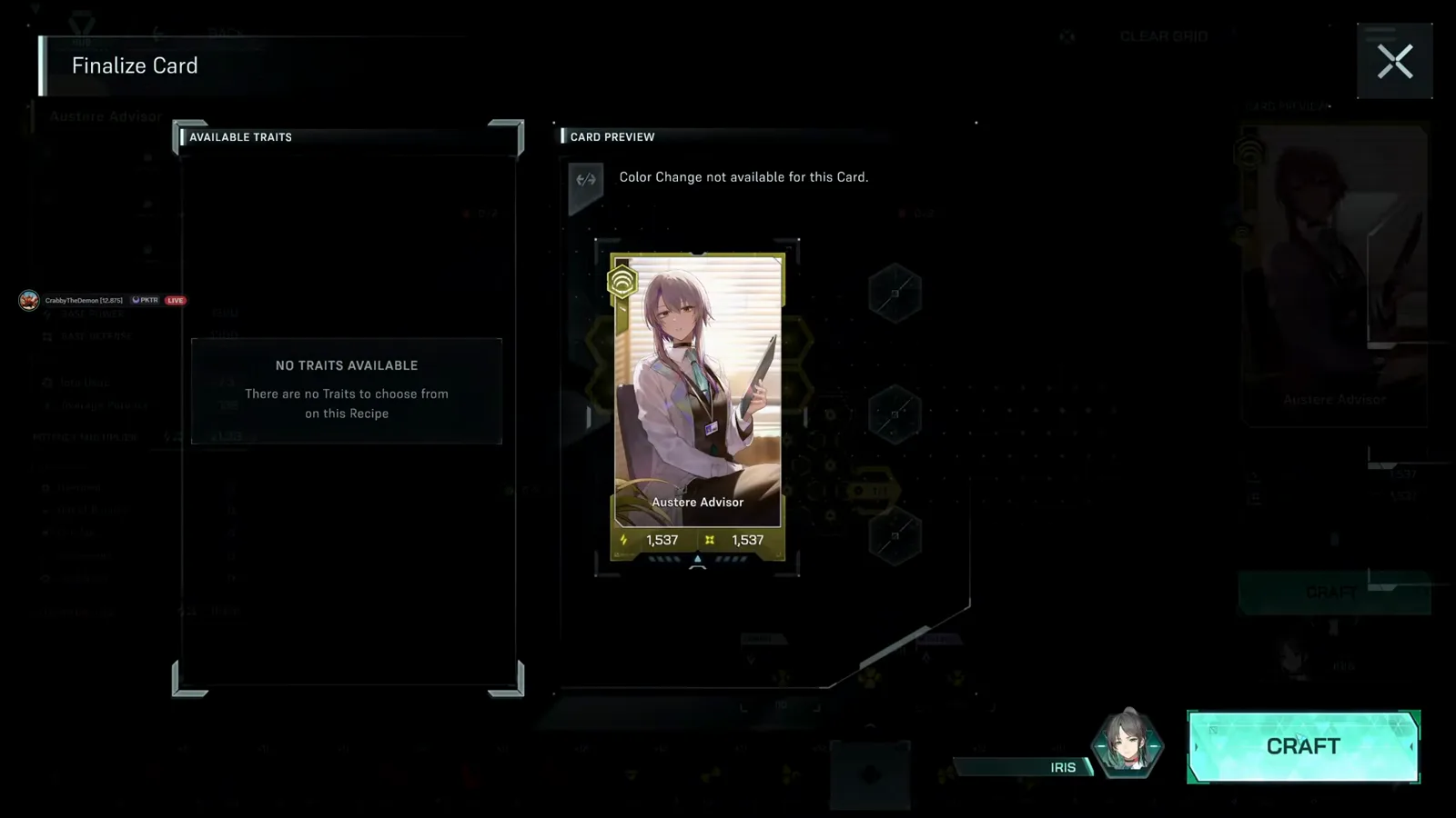 In Falsus Finalize Card preview with the no traits available notice before committing a craft In Falsus Finalize Card preview with the no traits available notice before committing a craft