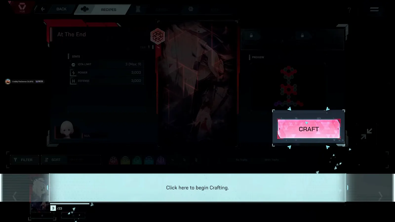 In Falsus crafting board for the At The End recipe with the craft button ready and the card preview panel open In Falsus crafting board for the At The End recipe with the craft button ready and the card preview panel open