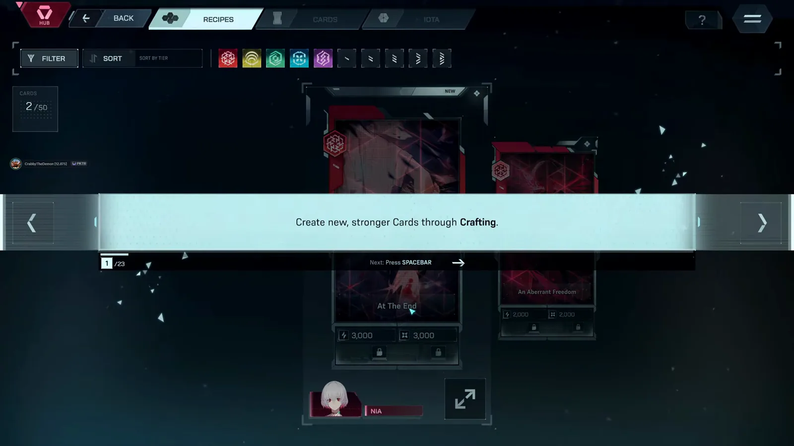 In Falsus Recipes tab listing At The End and An Aberrant Freedom with the create new stronger cards tutorial notice In Falsus Recipes tab listing At The End and An Aberrant Freedom with the create new stronger cards tutorial notice