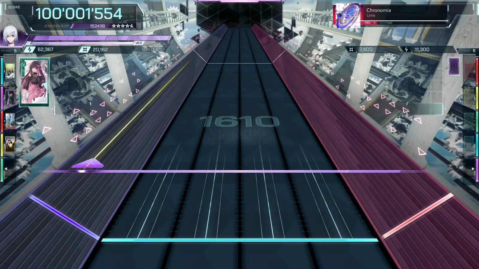Chronomia FBD 11 ends at 100 001 554 with MAX LINK 1610 on screen and a five-star 152 438 encounter score in In Falsus
