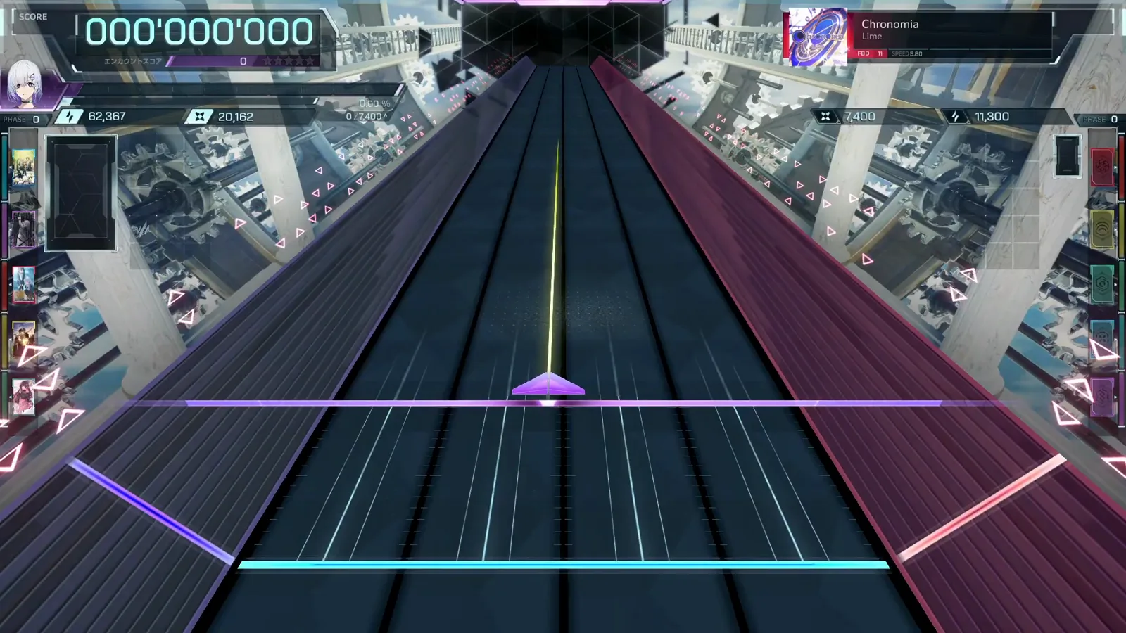 Phase 0 of Chronomia FBD 11 in In Falsus shows an empty clockwork field, score 000 000 000 and the FBD 11 SPEED 5.80 banner