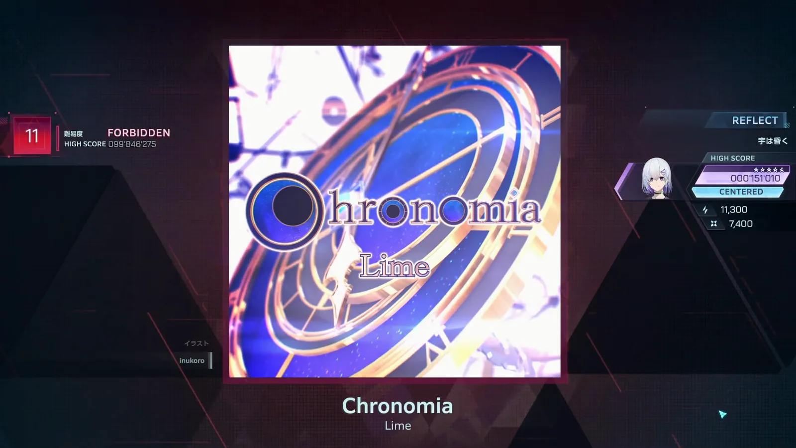 Chronomia song select in In Falsus with the red FORBIDDEN 11 badge, HIGH SCORE 099 846 275 and the inukoro clock illustration