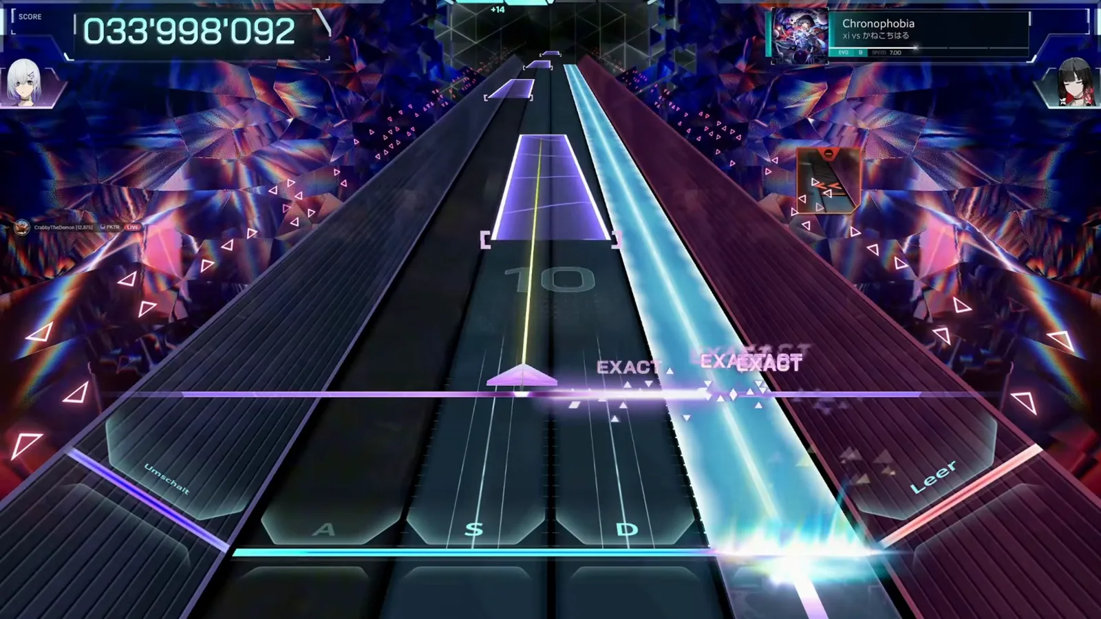 A cyan wide laser sweeps the right lanes of Chronophobia EVO 9 in In Falsus at 033 998 092
