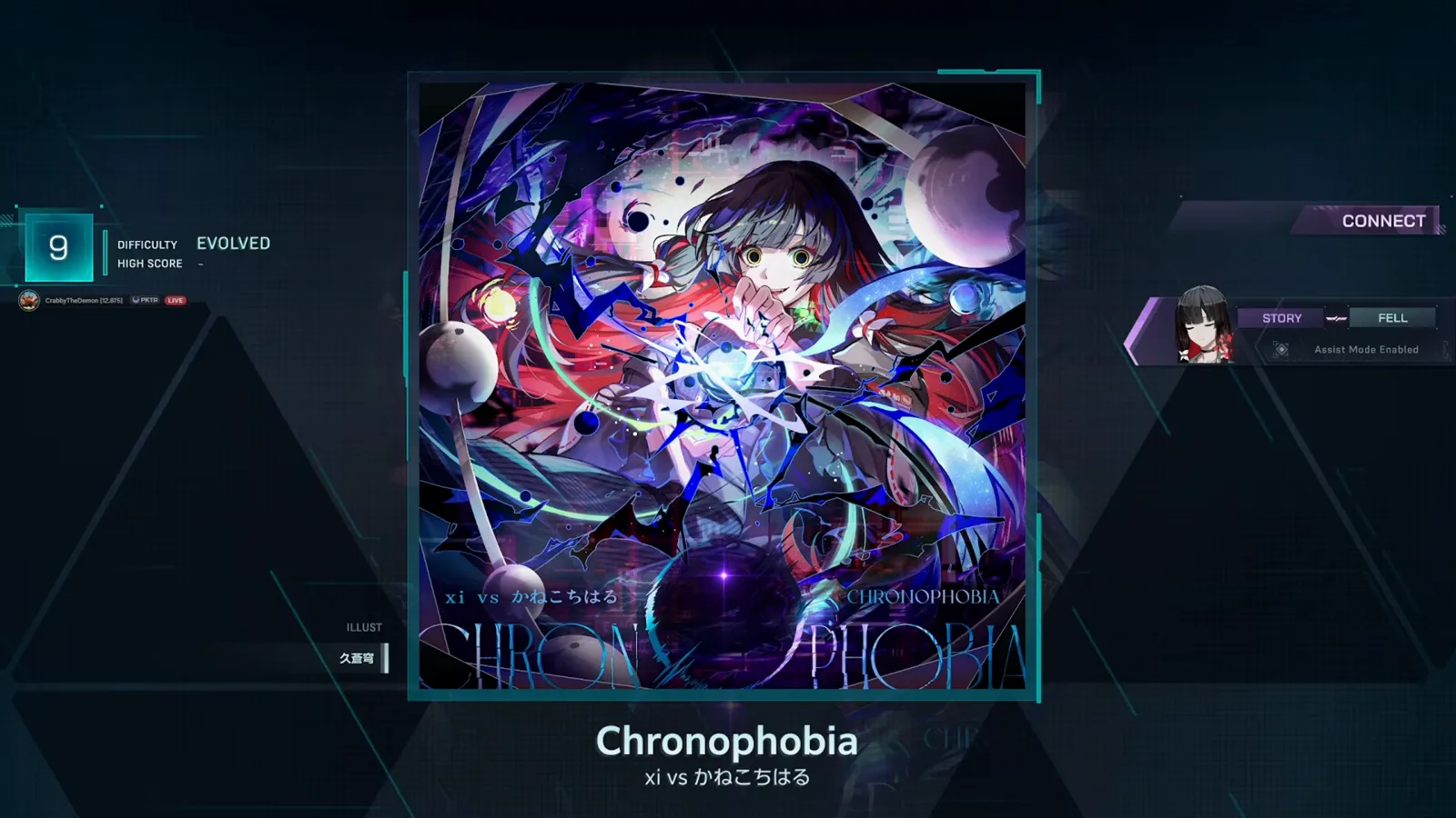 Chronophobia difficulty select in In Falsus with EVOLVED 9 picked and an empty HIGH SCORE row on a first run