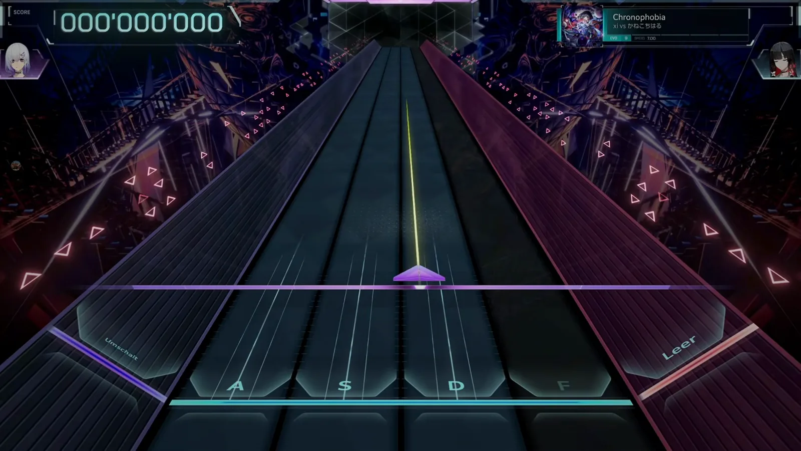 Empty EVO 9 field in In Falsus at 000 000 000 with the A S D F lanes and the Umschalt and Leer side bands