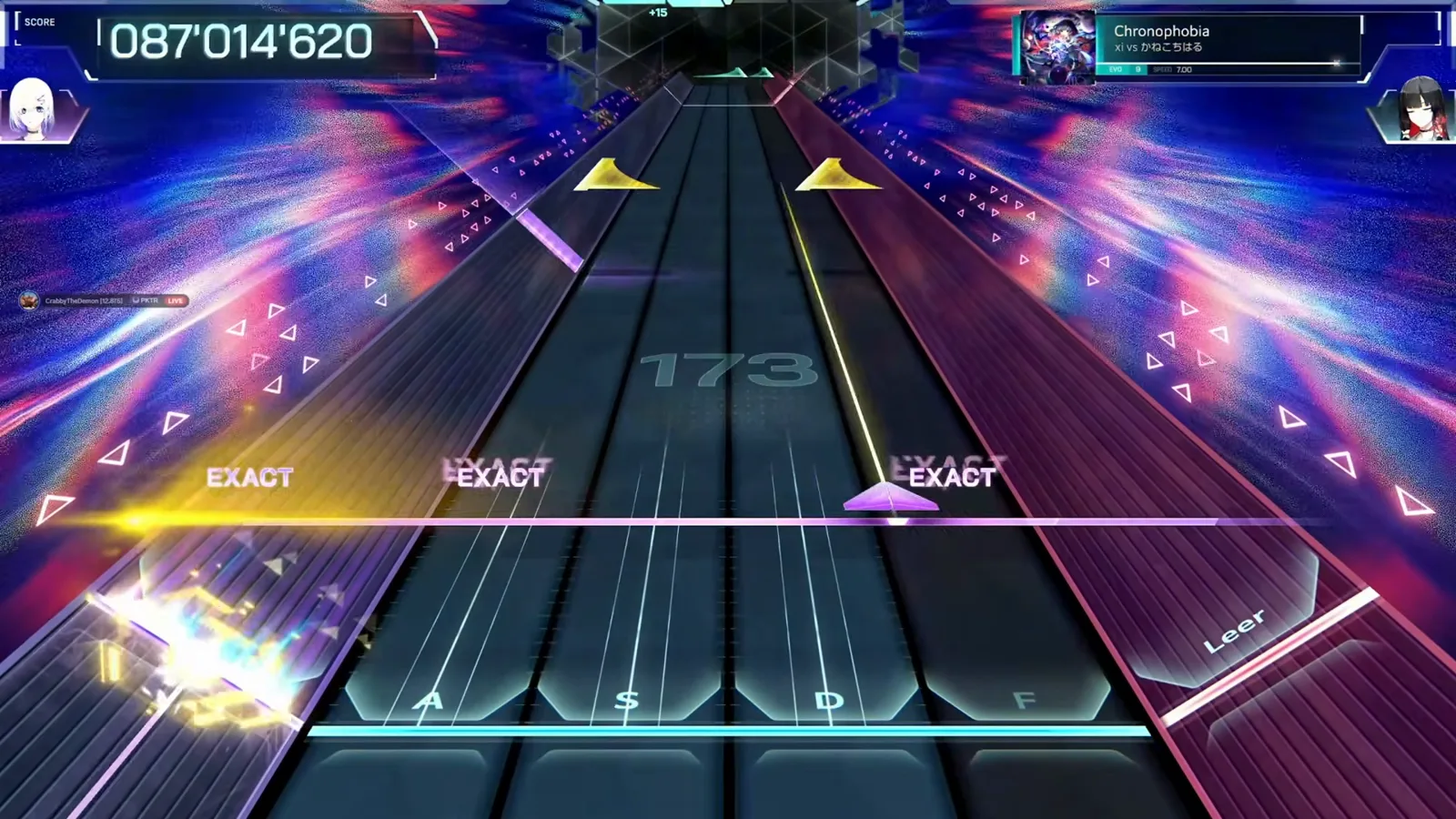 Twin yellow triangle notes close the Chronophobia EVO 9 finale at 087 014 620 with chain 173 in In Falsus