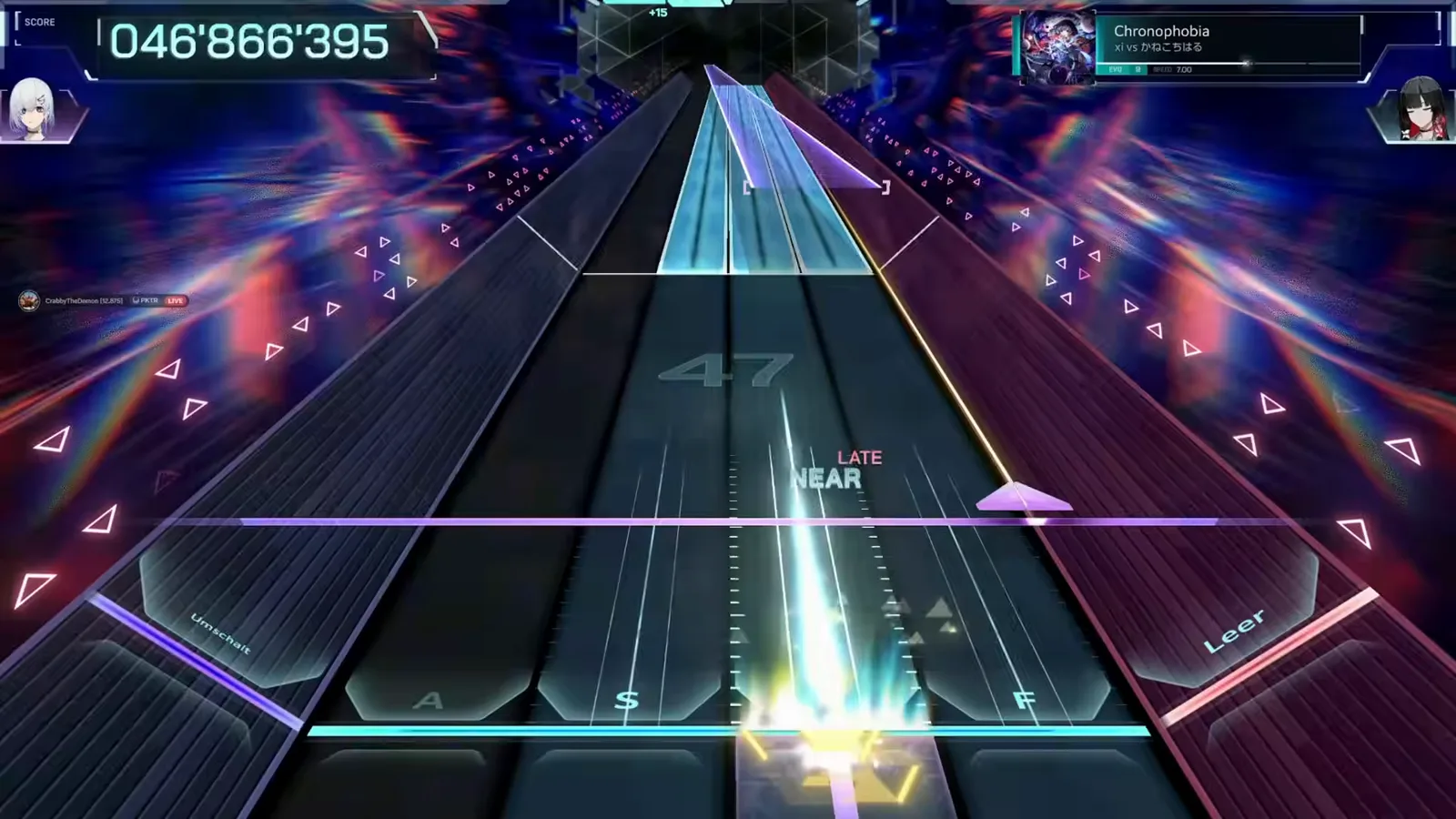 A LATE NEAR tag marks a slipped note at 046 866 395 during the EVO 9 midchart in In Falsus