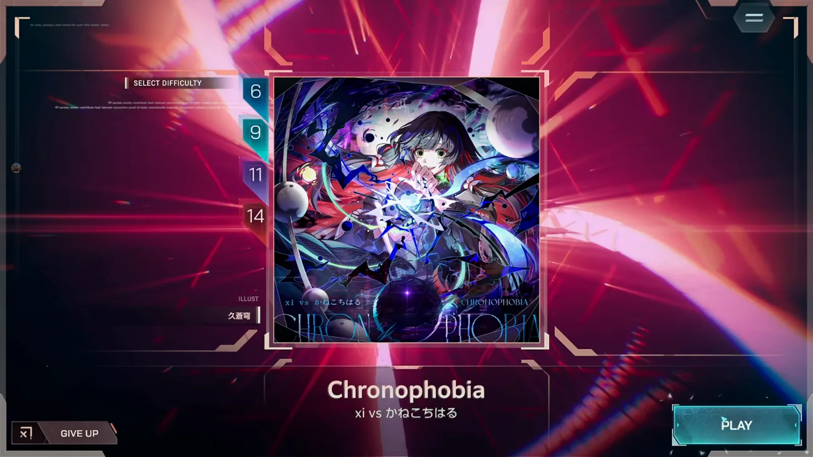 In Falsus select screen for Chronophobia showing the difficulty ladder 6, 9, 11, 14 with the PLAY button