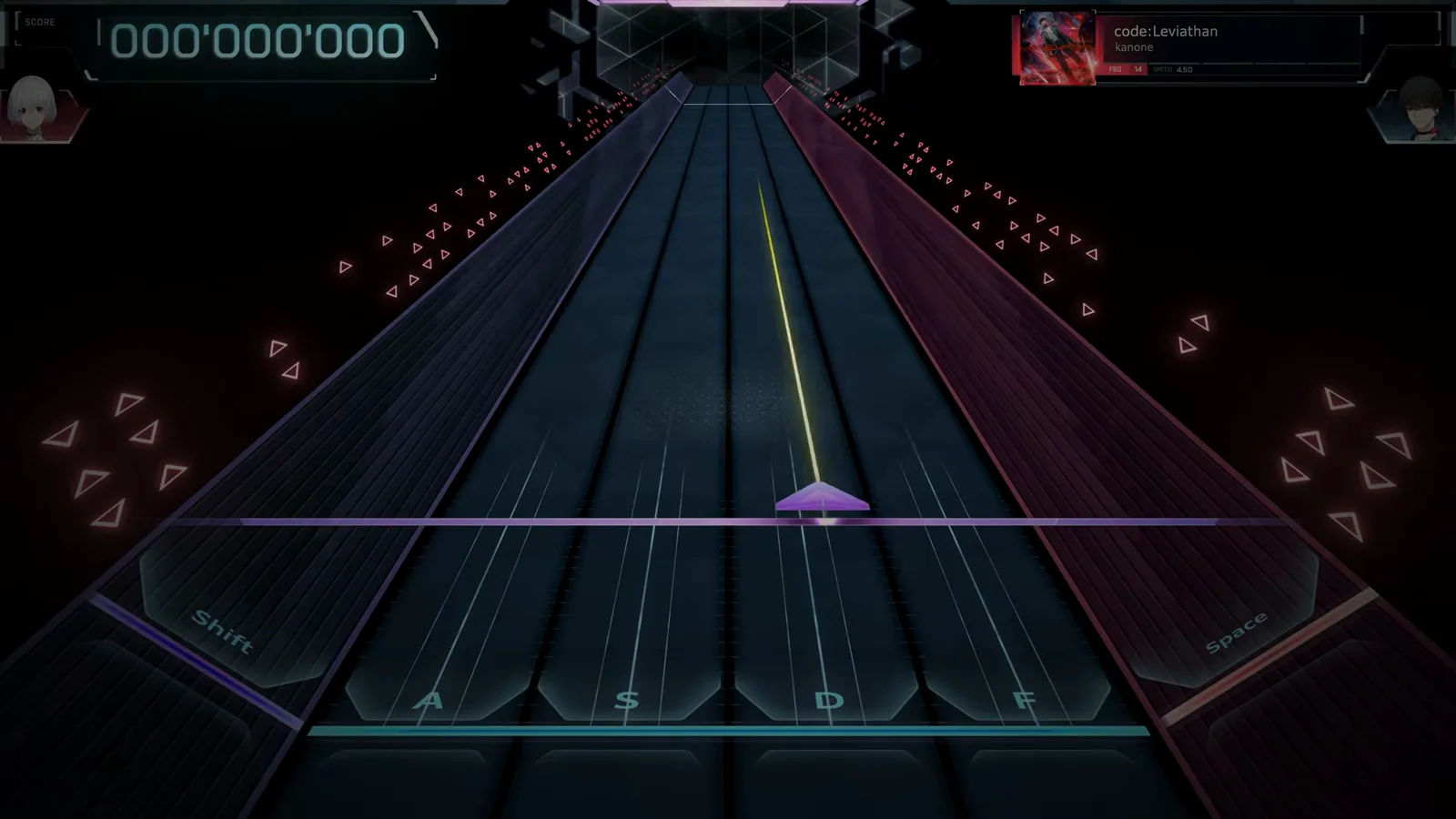 In Falsus code:Leviathan FBD 14 field at chart start with the Shift, A, S, D, F and Space lanes and the score at zero