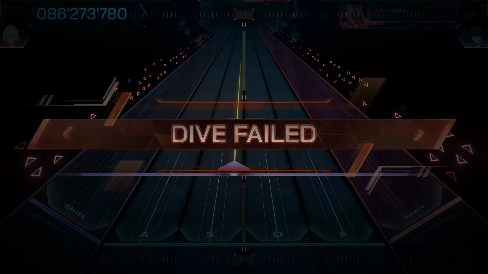 DIVE FAILED banner over the code:Leviathan FBD 14 field in In Falsus with the score stopped at 086'273'780