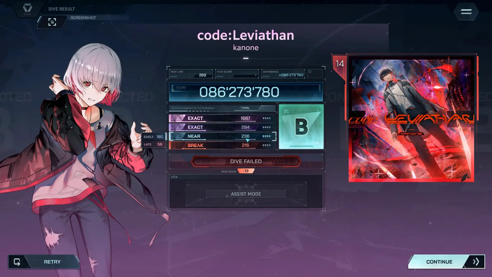 In Falsus DIVE RESULT for code:Leviathan FBD 14: grade B at 086'273'780 with EXACT 1687, NEAR 236, BREAK 216, gauge -13