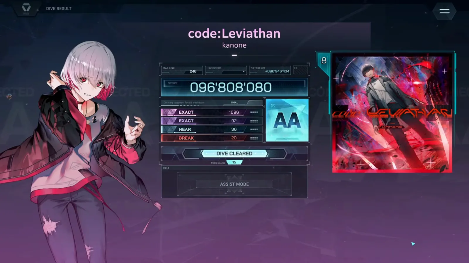 In Falsus DIVE RESULT for code:Leviathan EVO 8 showing DIVE CLEARED with an AA grade and a full miss gauge at 15