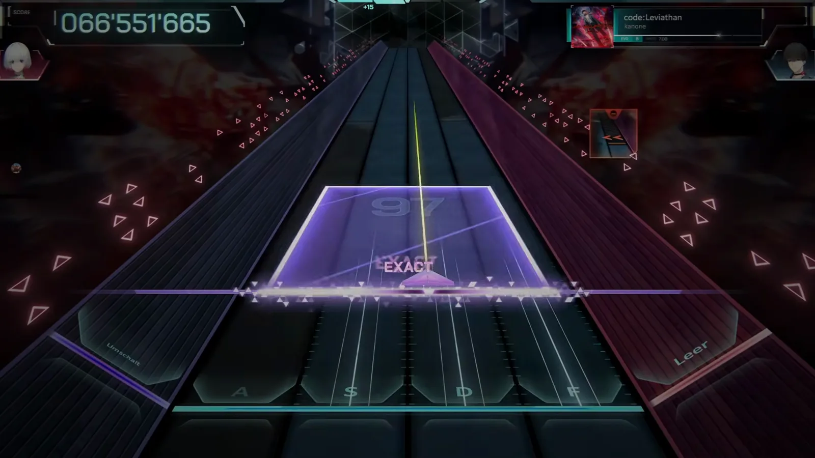 Same song at EVO 8 in In Falsus: a single wide violet panel crosses the code:Leviathan field at 066'551'665