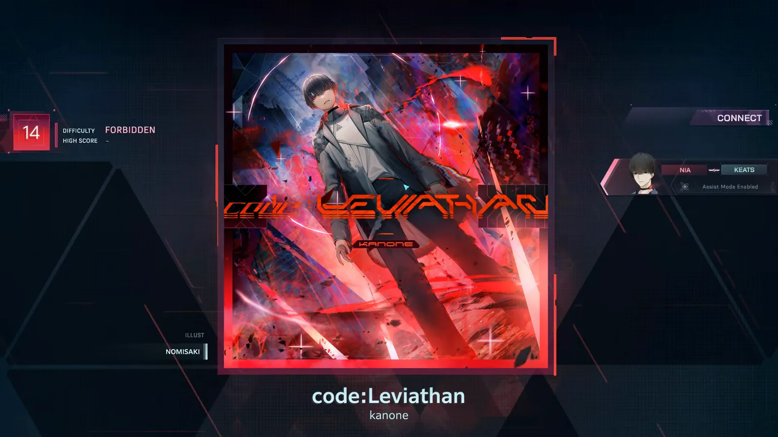 In Falsus pre-song card for code:Leviathan showing the red FORBIDDEN 14 badge and an empty HIGH SCORE row