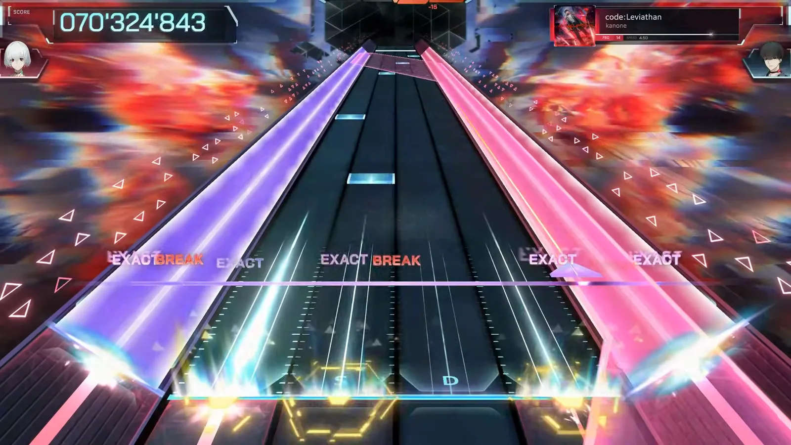 Twin violet and magenta rails pin both edges while BREAK tags mix into the judgment line of code:Leviathan FBD 14