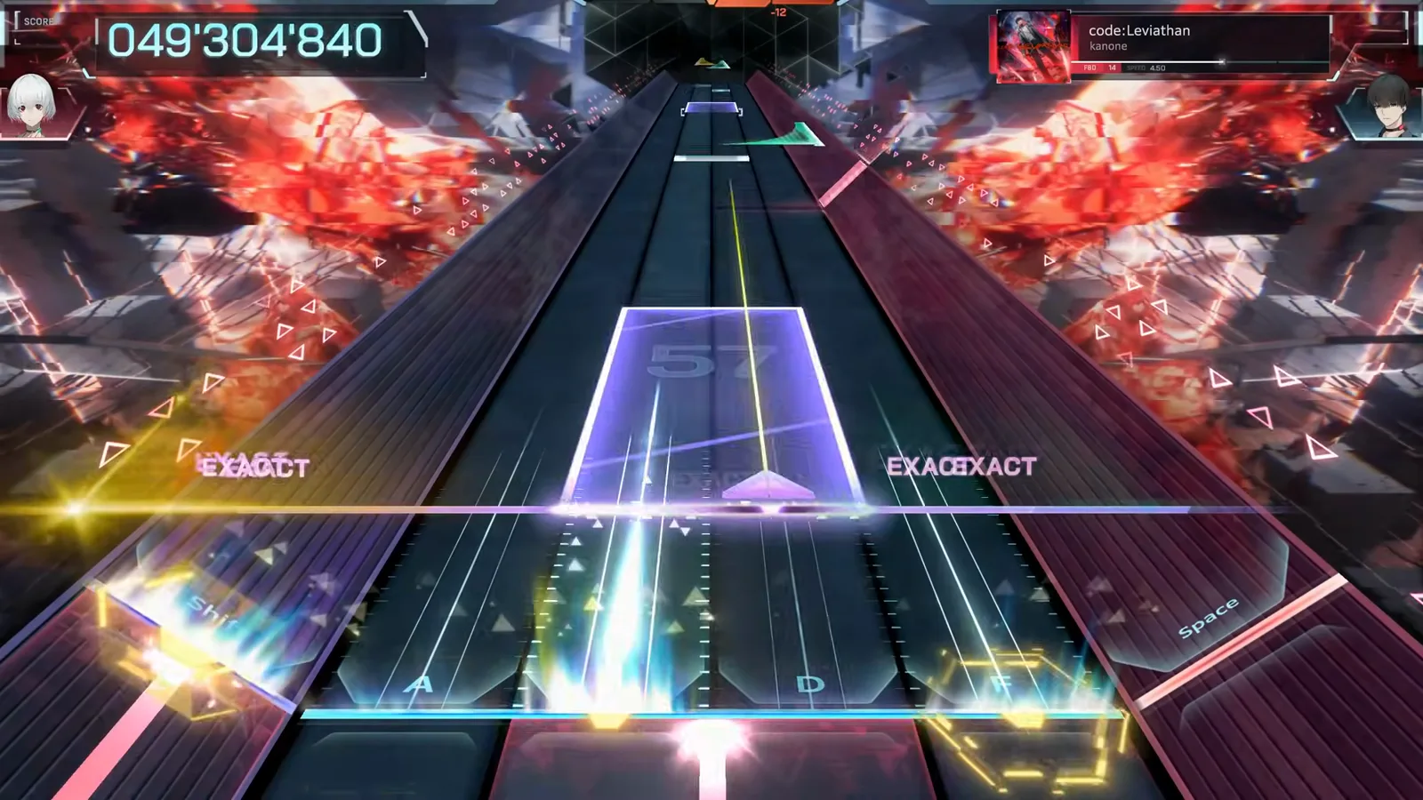 Wide violet panel sliding across the lanes of code:Leviathan FBD 14 with a yellow flick arrow overhead in In Falsus
