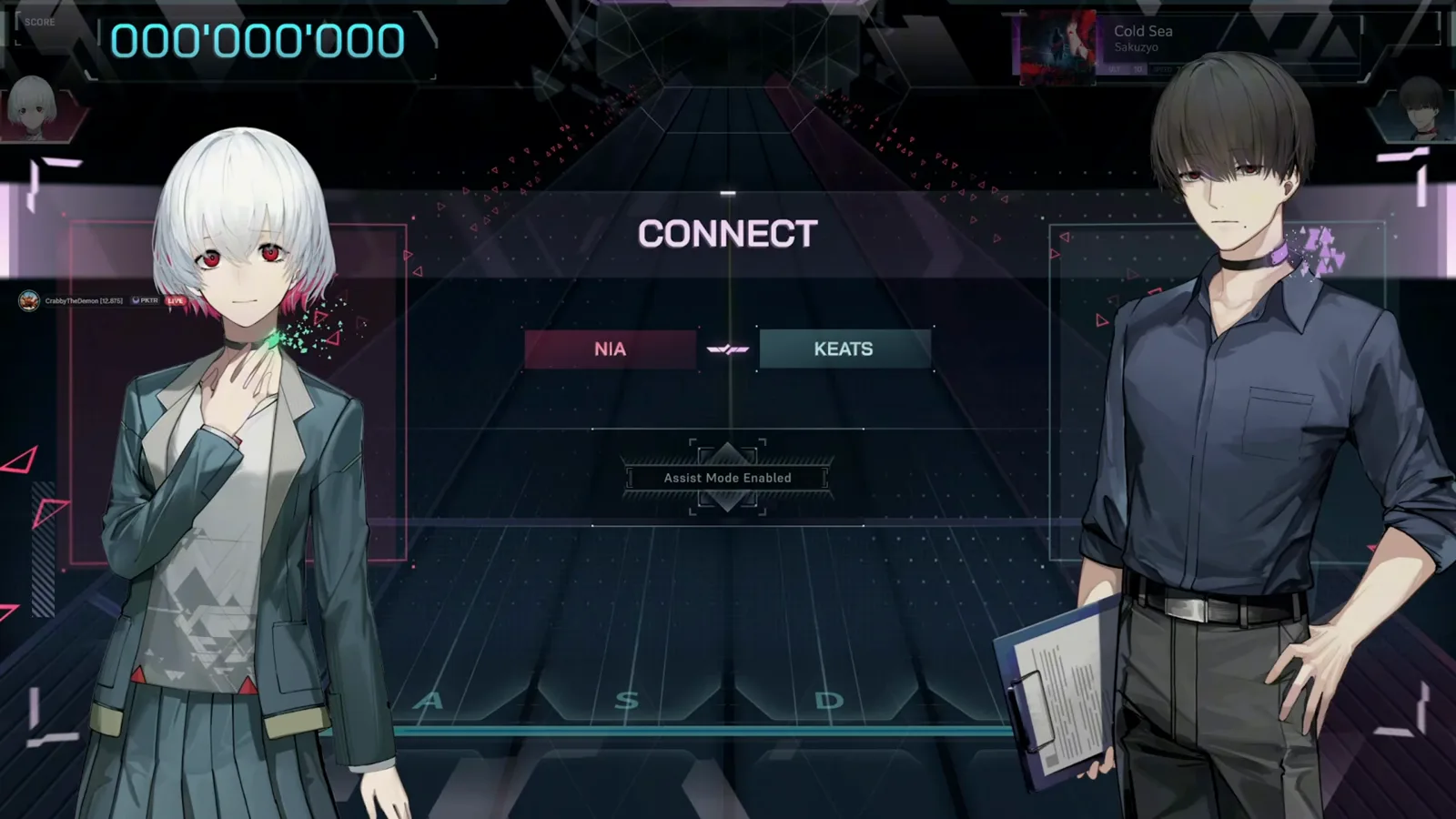 Cold Sea's CONNECT screen in In Falsus pairs NIA with KEATS and prints an Assist Mode Enabled banner