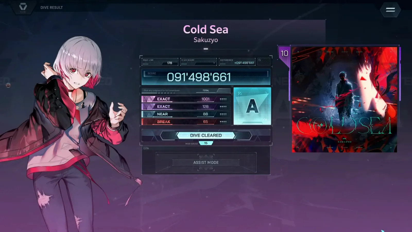 The In Falsus DIVE RESULT card totals Cold Sea ULT 10 at 1,282 notes — EXACT 1001 + 128, NEAR 88, BREAK 65