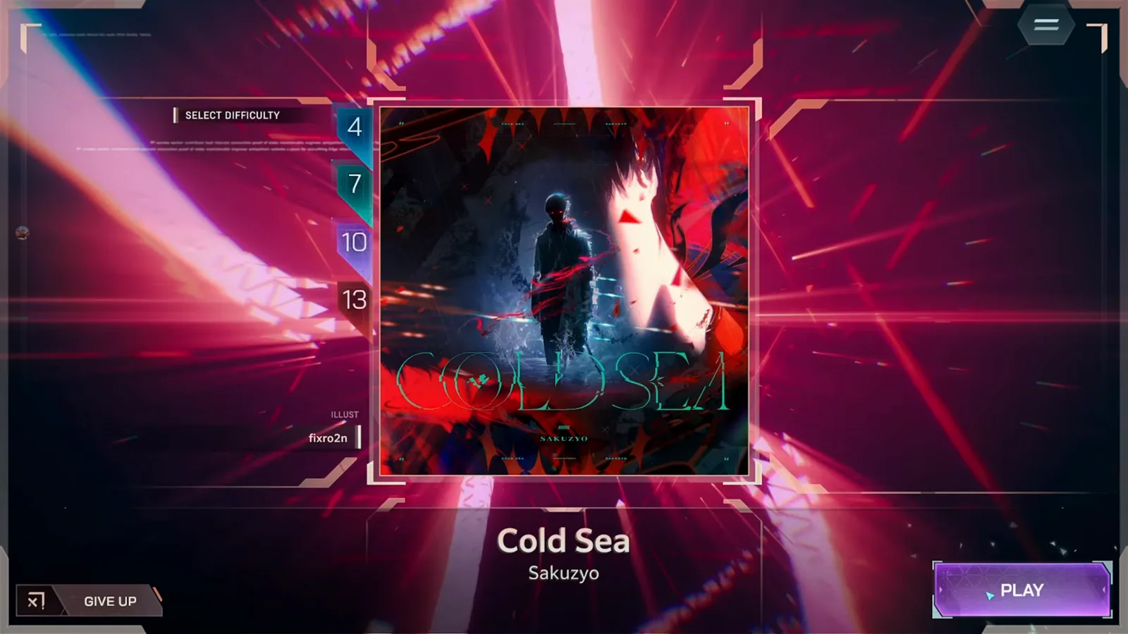 In Falsus song select for Cold Sea by Sakuzyo with the difficulty ladder reading 4, 7, 10 and 13 above PLAY