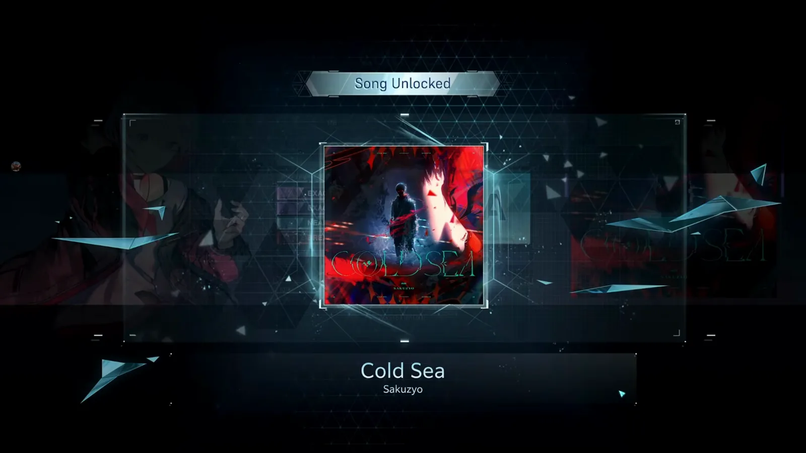 A Song Unlocked overlay reveals the Cold Sea jacket art by SAKUZYO after the first In Falsus clear
