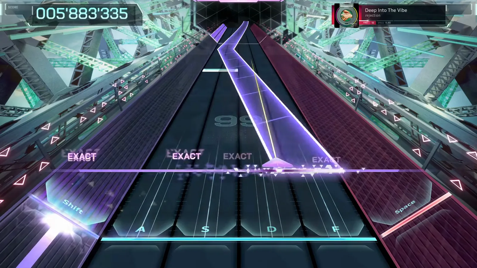 An EXACT call row rides a violet beam at 005'883'335 with the watermark reading 99 in Deep Into The Vibe FBD 12
