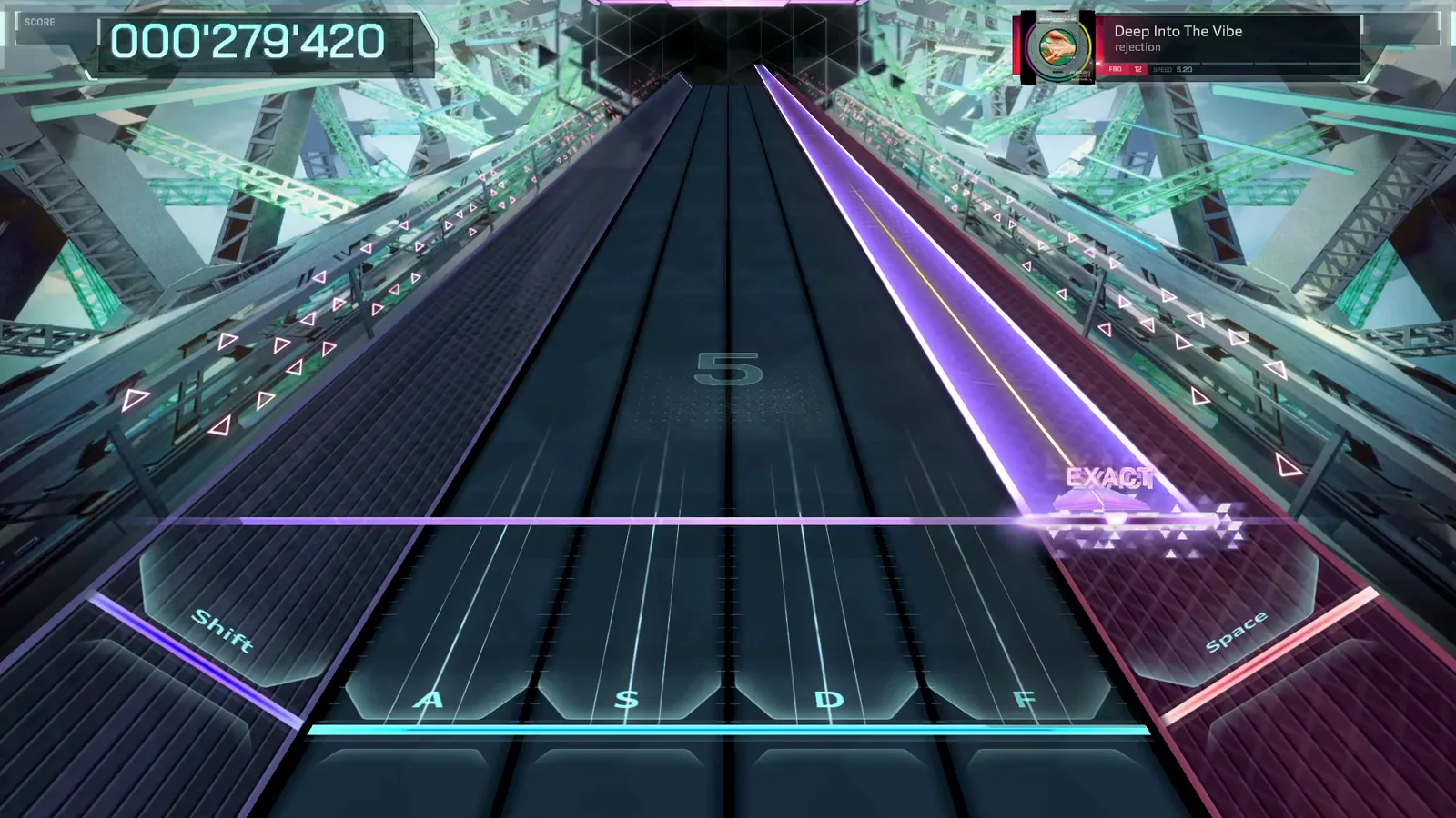 The first EXACT call lands on a purple hold at 000'279'420 as Deep Into The Vibe FBD 12 scoring opens with watermark 5