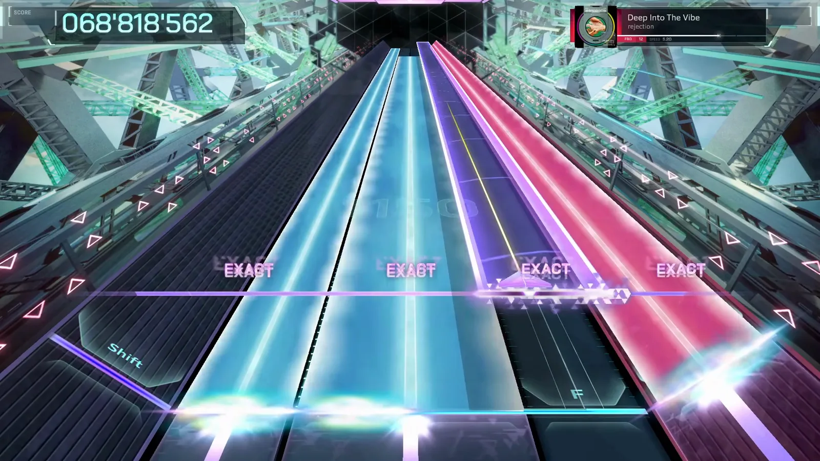 Purple, cyan and pink wide beams stack side by side at 068'818'562 past the halfway mark of Deep Into The Vibe FBD 12
