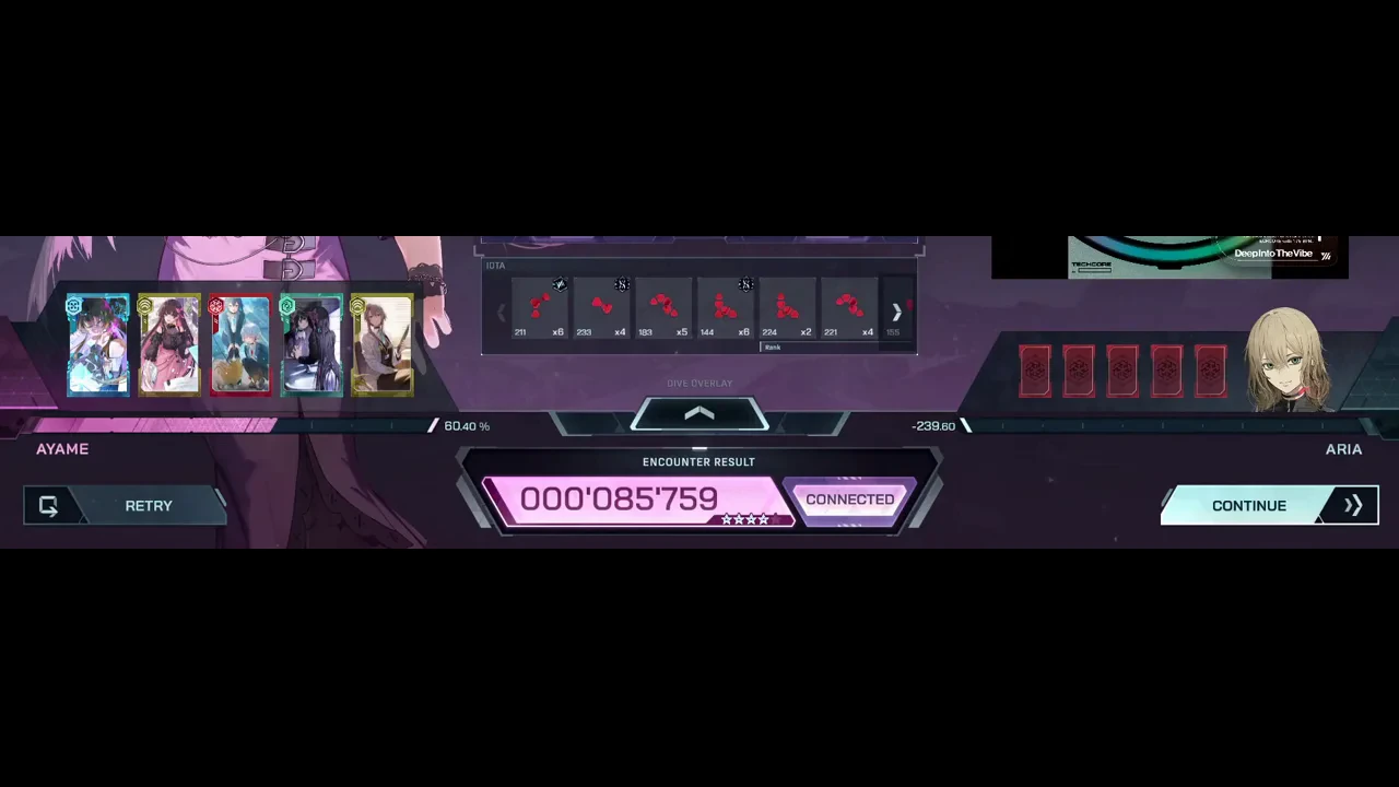 IOTA multipliers from ×2 to ×6 sit over ENCOUNTER RESULT 000'085'759 CONNECTED on In Falsus's Deep Into The Vibe card
