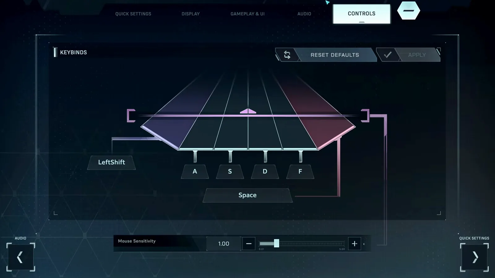 In Falsus controls tab showing the keybinds grid for Left Shift A S D F and Space next to the mouse sensitivity slider In Falsus controls tab showing the keybinds grid for Left Shift A S D F and Space next to the mouse sensitivity slider