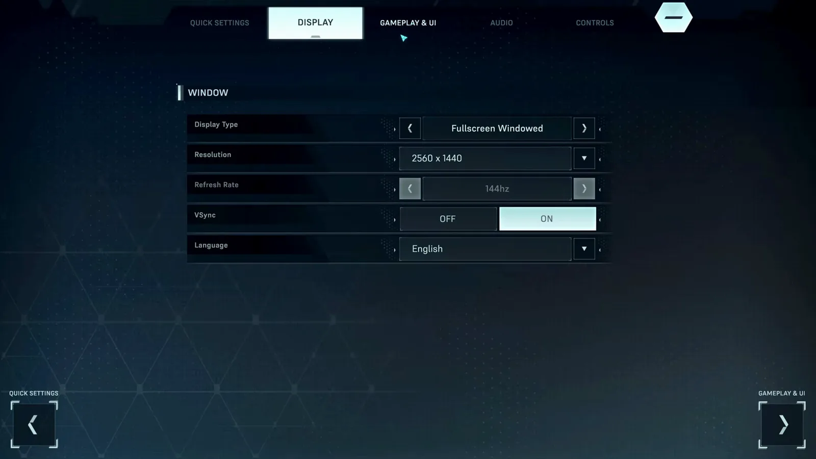 In Falsus display settings tab listing fullscreen windowed mode, resolution, refresh rate, VSync and the game language selector In Falsus display settings tab listing fullscreen windowed mode, resolution, refresh rate, VSync and the game language selector