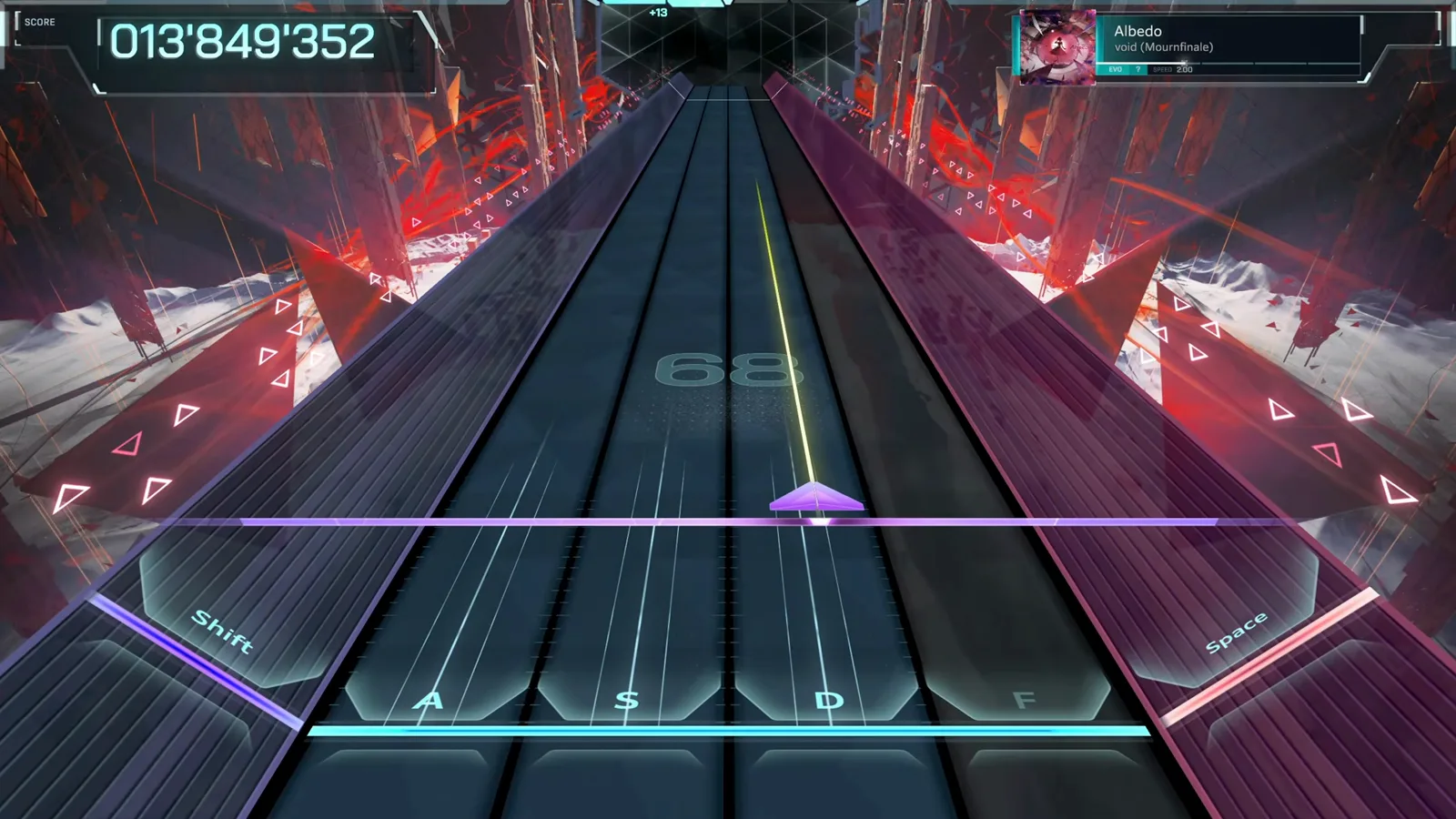 In Falsus gameplay view of Albedo on EVO difficulty with the four key lanes and the Shift and Space indicators lit up In Falsus gameplay view of Albedo on EVO difficulty with the four key lanes and the Shift and Space indicators lit up