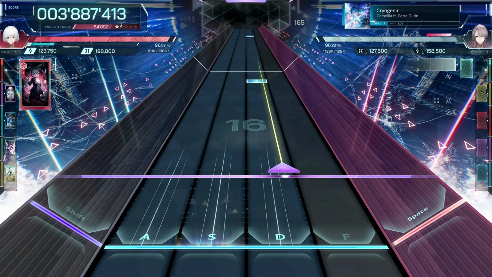 In Falsus Cryogenic run in phase one with the equipped card stack displayed along the left side of the playfield In Falsus Cryogenic run in phase one with the equipped card stack displayed along the left side of the playfield