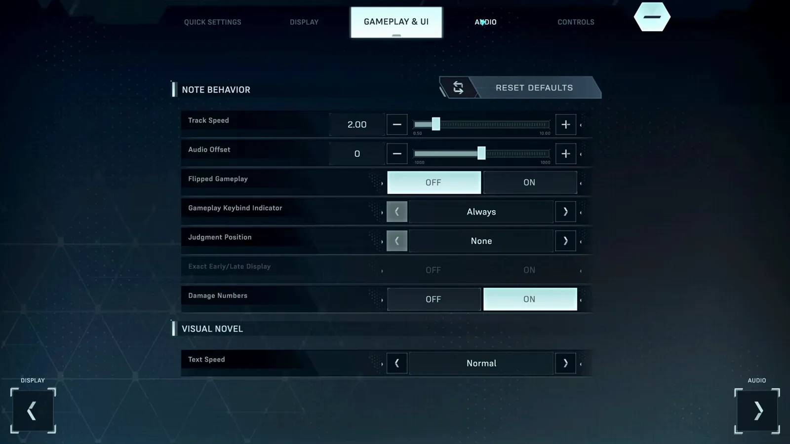 In Falsus gameplay and UI settings with flipped gameplay, keybind indicator, judgment position, early late display and damage numbers toggles In Falsus gameplay and UI settings with flipped gameplay, keybind indicator, judgment position, early late display and damage numbers toggles