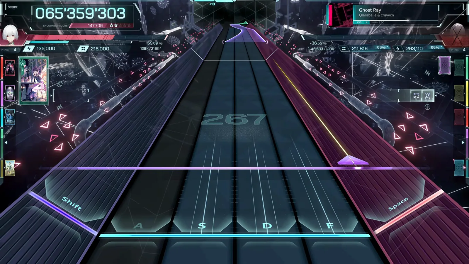 In Falsus encounter HUD during a Ghost Ray dive showing the Encounter Score, phase counters and the equipped card stack