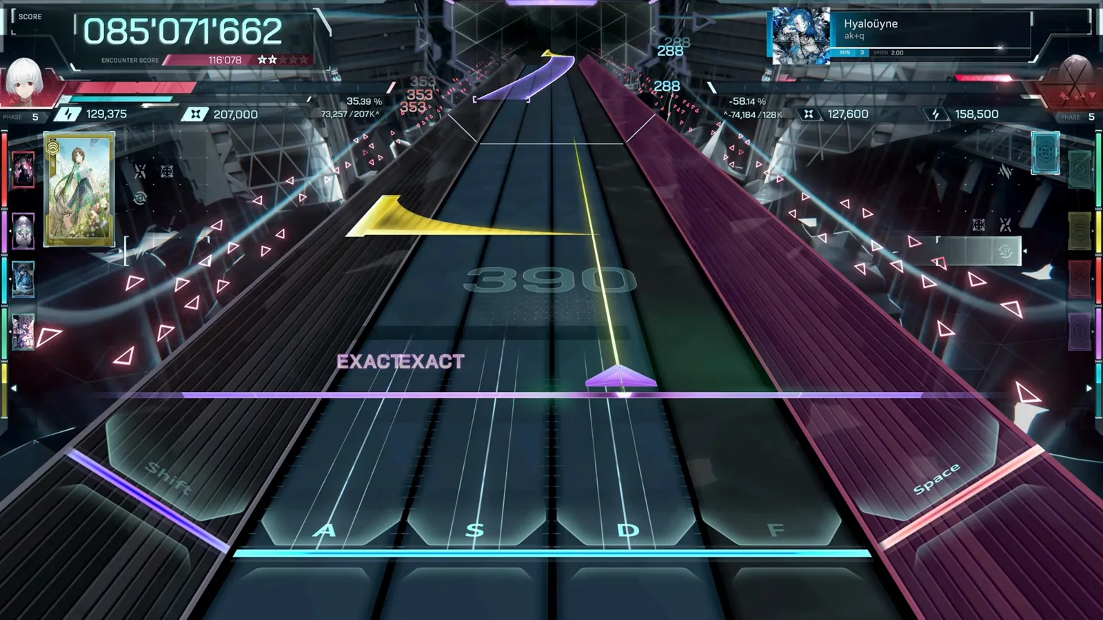 Hyaloüyne song panel beside a large flick arrow during an In Falsus run with three encounter stars banked Hyaloüyne song panel beside a large flick arrow during an In Falsus run with three encounter stars banked